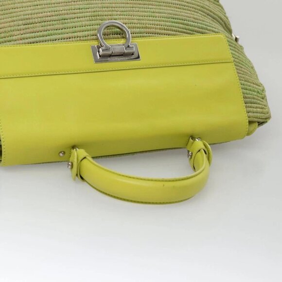 Salvatore Ferragamo Sofia Gancini Hand Bag Straw Leather 2way Green Auth 103207V - Picture 7 of 16